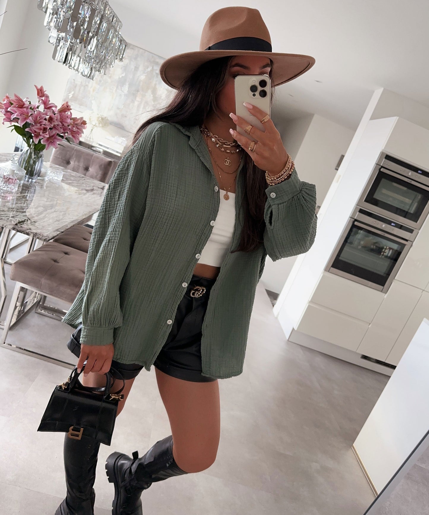 Blusa de Muselina Corta Caqui