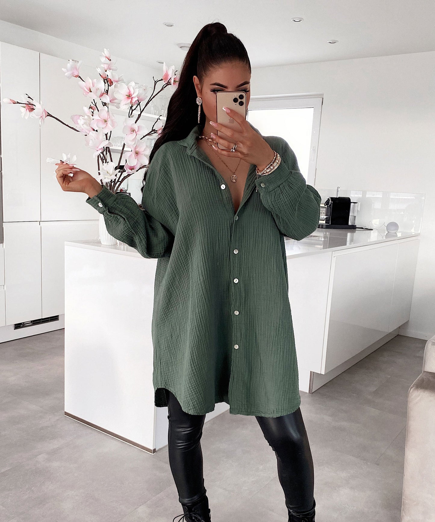 Blusa de Muselina Larga Caqui