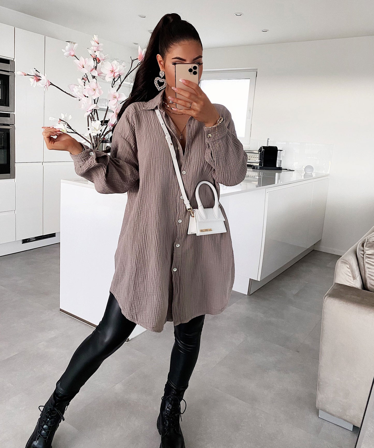 Blusa de Muselina Larga Taupe