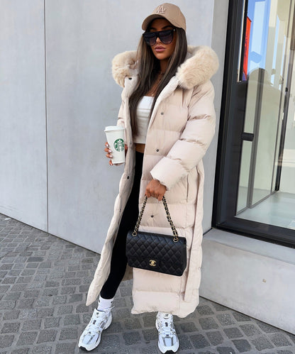 Parka con Capucha de Piel Sintética Beige