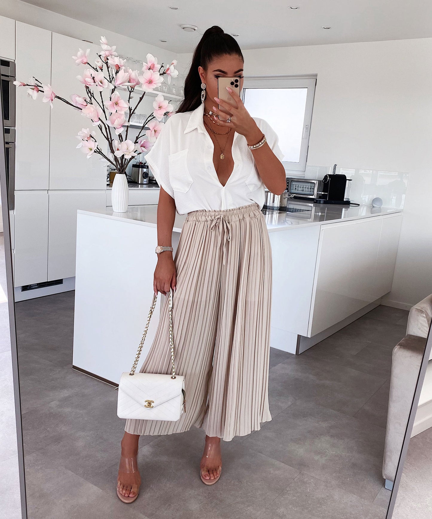 Pantalón Plisado Ancho Beige