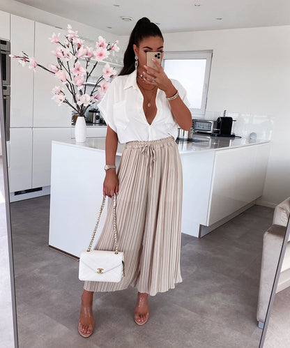 Pantalón Plisado Ancho Beige