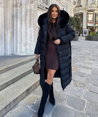 Parka con Capucha de Piel Sintética Negra