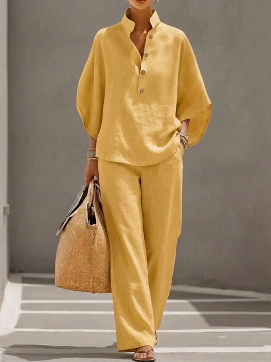 Elina | Conjunto de Lino con Mangas Murciélago y Pantalón Ancho