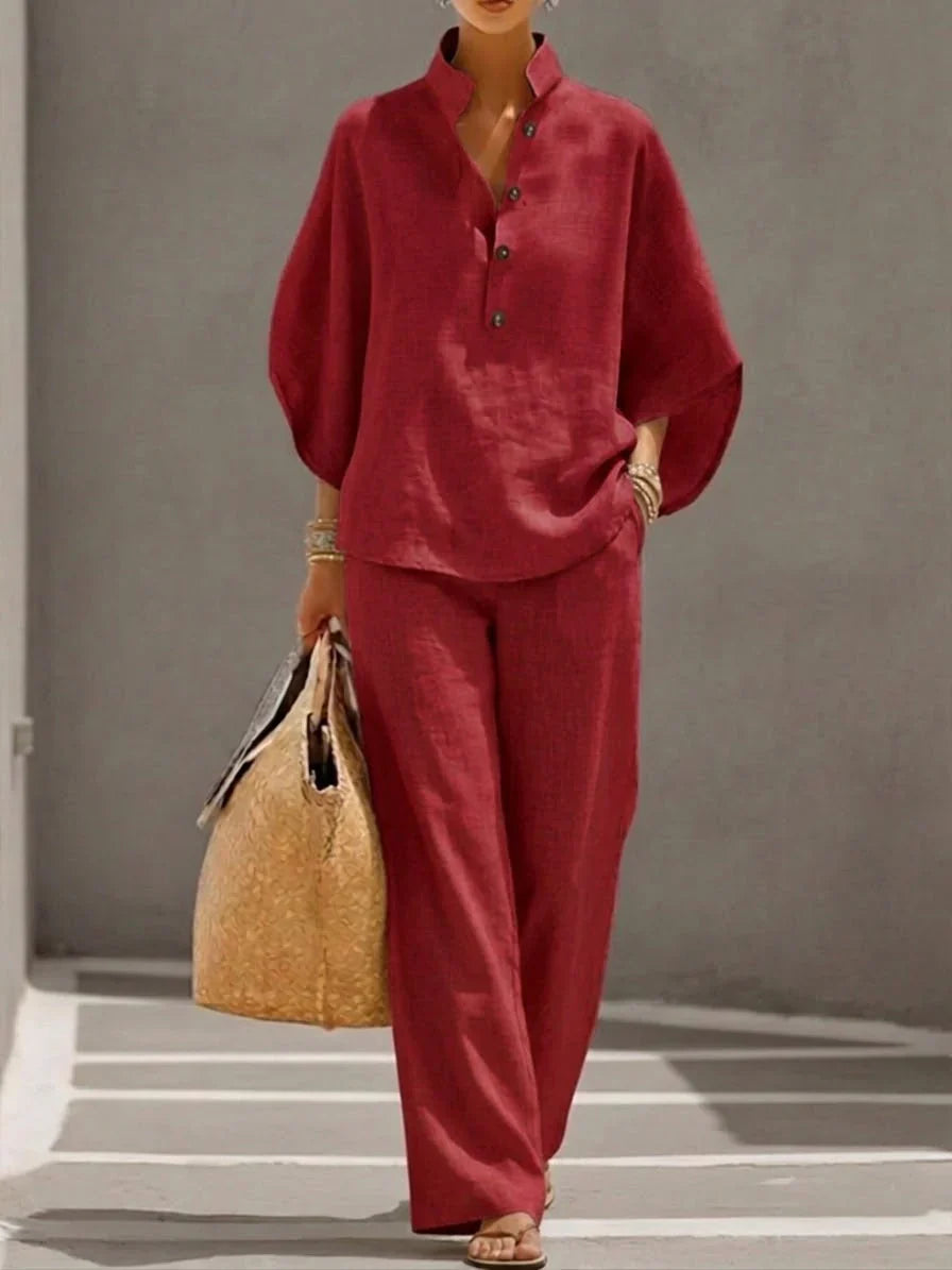 Elina | Conjunto de Lino con Mangas Murciélago y Pantalón Ancho
