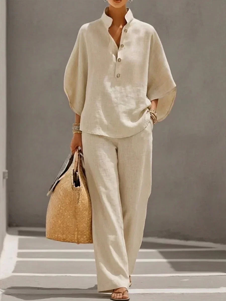 Elina | Conjunto de Lino con Mangas Murciélago y Pantalón Ancho